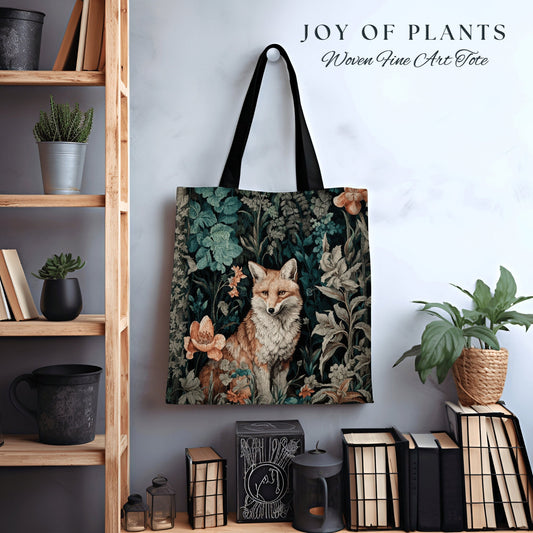 Woodland Fox Woven Tote Bag | William Morris Inspired Tote Botanical Aesthetic Maximalist Tapestry Tote Woven Victorian Fairy Core Fox Tote