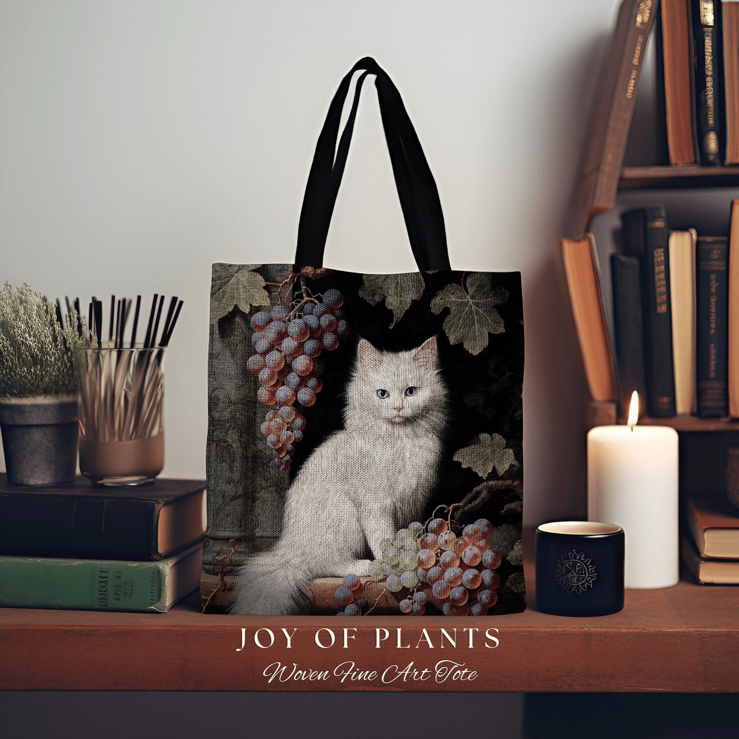 Dark Botanical Cat Tote Bag Woven | William Morris Inspired Tote Bag Aesthetic Tapestry Tote Woven Victorian Gothic Fairy Core Cat Tote Bag