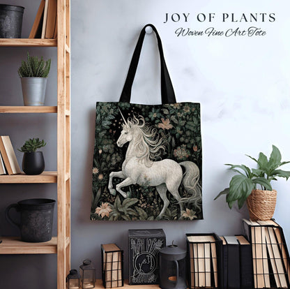 Fairycore Unicorn Woven Tote | William Morris Inspired Tote Bag Aesthetic Mystical Tapestry Tote Woven Victorian Fairy Core Folklore Tote |