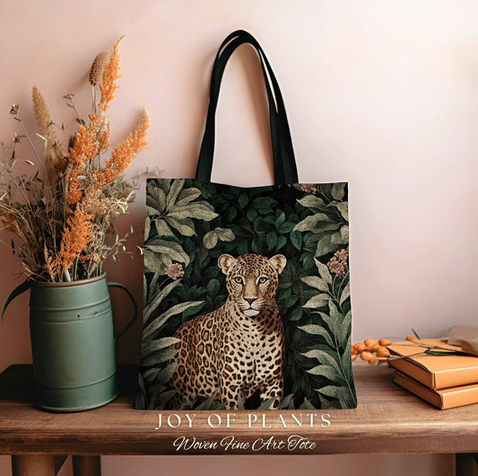 Botanical Leopard Tote Bag | William Morris Inspired Tote Bag Cottagecore Satchel Maximalist Tapestry Tote Woven Botanical Fairy Grunge Bag