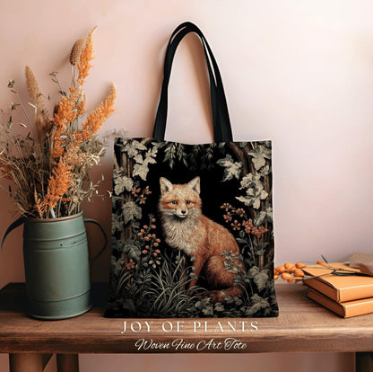 Rustic Fox Tote Bag Botanical | Boho Cottagecore Accessory William Morris Inspired Handbag Fox Satchel Fairycore Fairy Aesthetic Art |