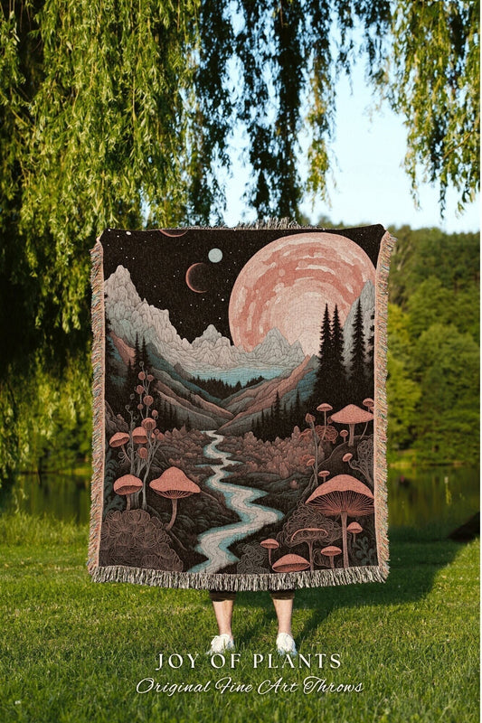 Cozy Throw Blanket Mystic Landscape | Ethereal Aesthetic Art Folklore Blanket Bedroom Decor Celestial Throw Whimsigoth Mushroom Lover Gift