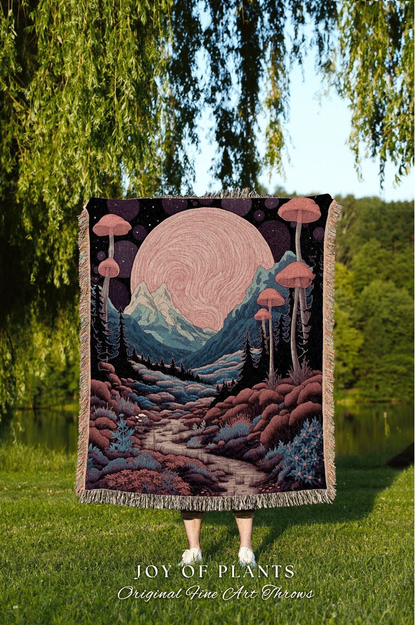 Magical Aesthetic Woven Blanket | Cottagecore Folklore Blanket Ethereal Room Decor Celestial Throw Whimsical Gift for Mushroom Tapestry |