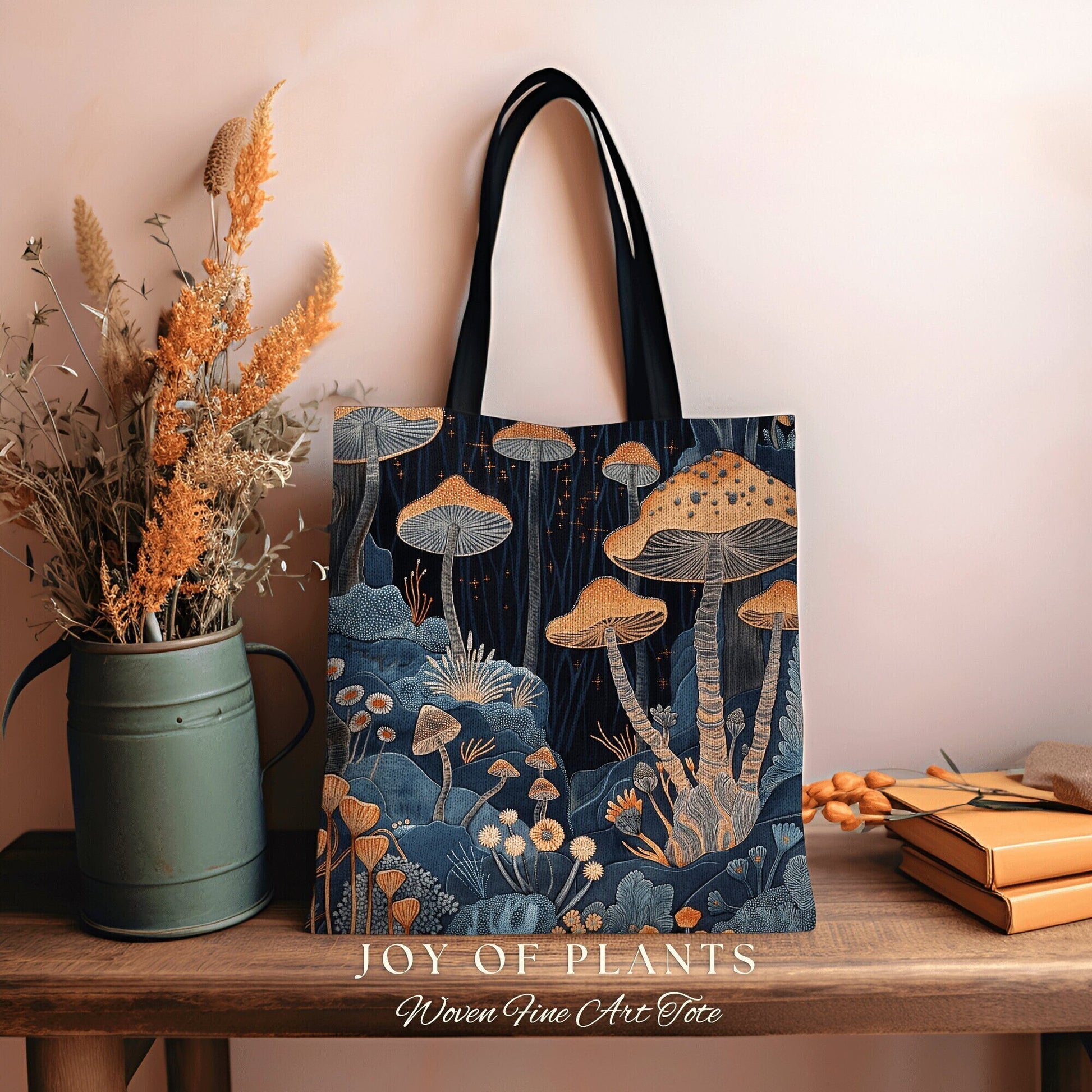 Moody Botanical Casual Tote Bag | Ethereal Gift for Mushroom Lover Fairy Mystical Bag Woven Cottagecore Satchel Mycology Gift for Forager