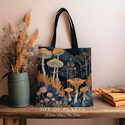 Dark Woodland Mushroom Tote | Fairycore Gift for Forager Fairy Core Toadstool Bag Woven Cottagecore Satchel Mycology Gift for Mushroom Lover