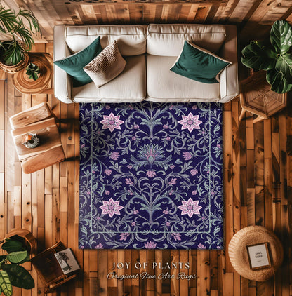 Art Deco Aesthetic Floral Area Rug | Whimsical Maximalist Ornate Dark Renaissance Style Art Deco Aesthetic Lavender Purple Botanical Rug