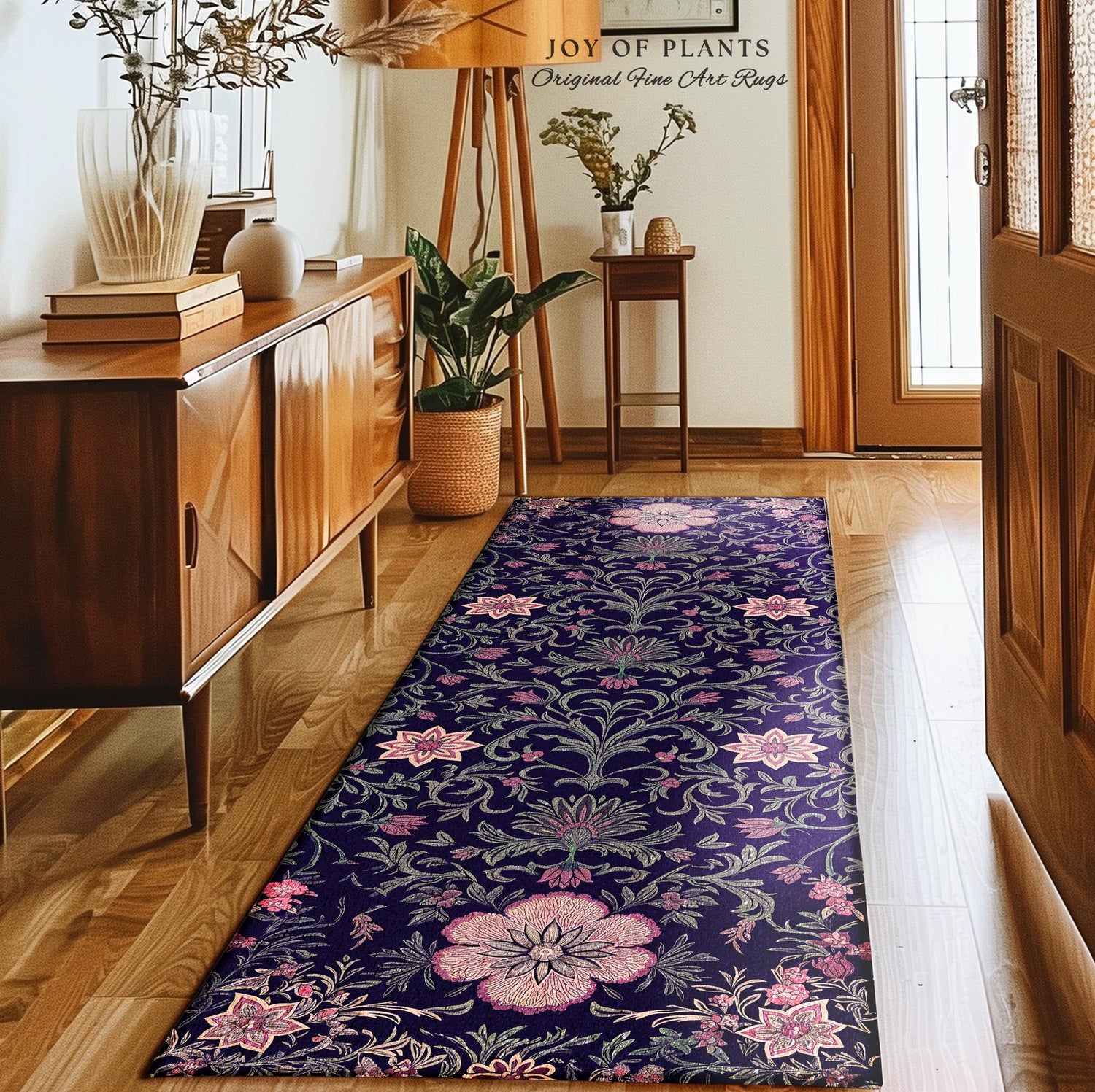 Runner Rug Whimsical Florals | Dark Renaissance Style Art Deco Aesthetic Purple Botanical Hallway Rug Morris Inspired Fairycore Gothic Room