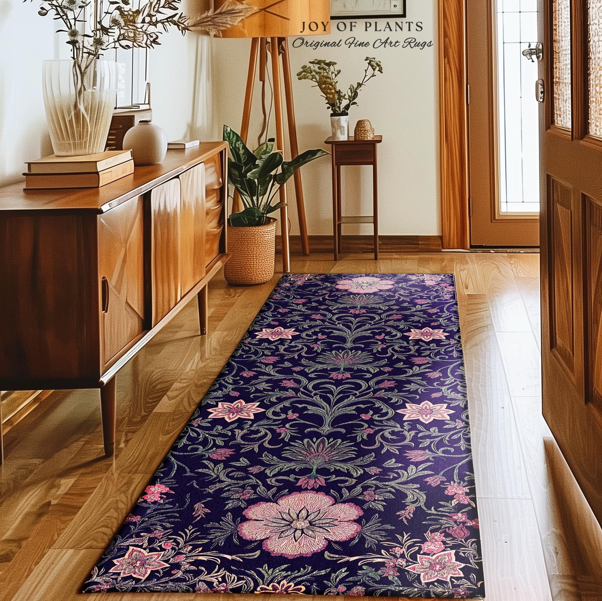 Runner Rug Whimsical Florals | Dark Renaissance Style Art Deco Aesthetic Purple Botanical Hallway Rug Morris Inspired Fairycore Gothic Room