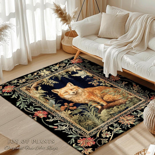 Whimsical Forest Fox Rug Dark Cottagecore Decor | Eclectic Art Fox Area Rug Bedroom Forestcore Decor Morris Inspired Boho Fairycore Fox Rug