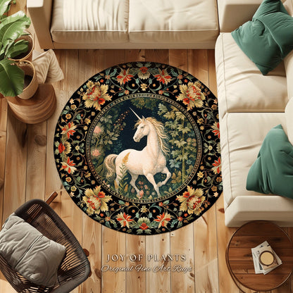 Folk Art Unicorn Area Rug | Princesscore Bedroom Decor William Morris Inspired Cottagecore Room Light Academia Style Rug Mystical Folklore