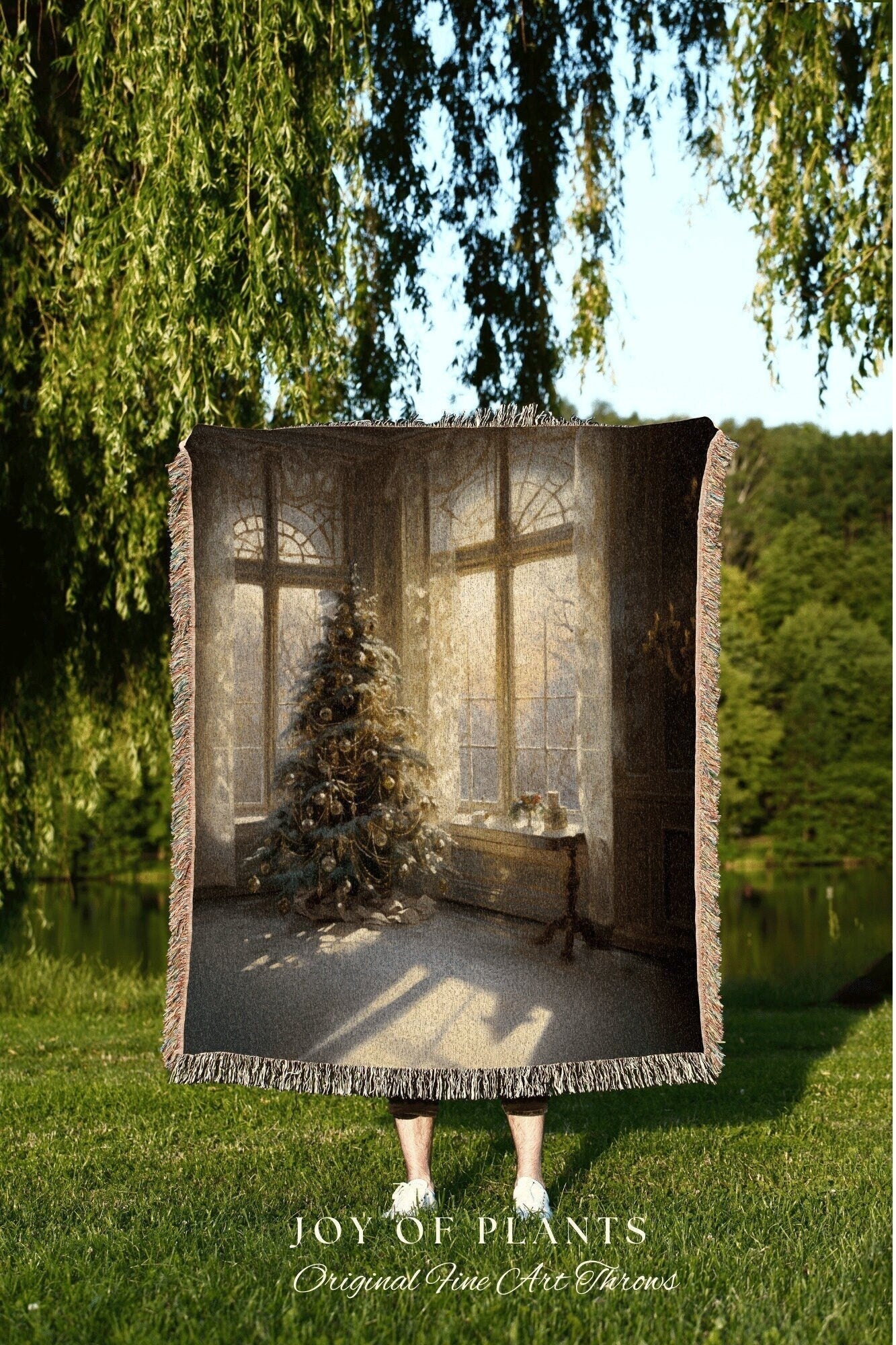 Yuletide Tree Blanket Cozy | Vintage Christmas Tree Blanket Woven Tapestry Winter Holiday Decor Snowy Landscape Vintage Home Decor Winter |