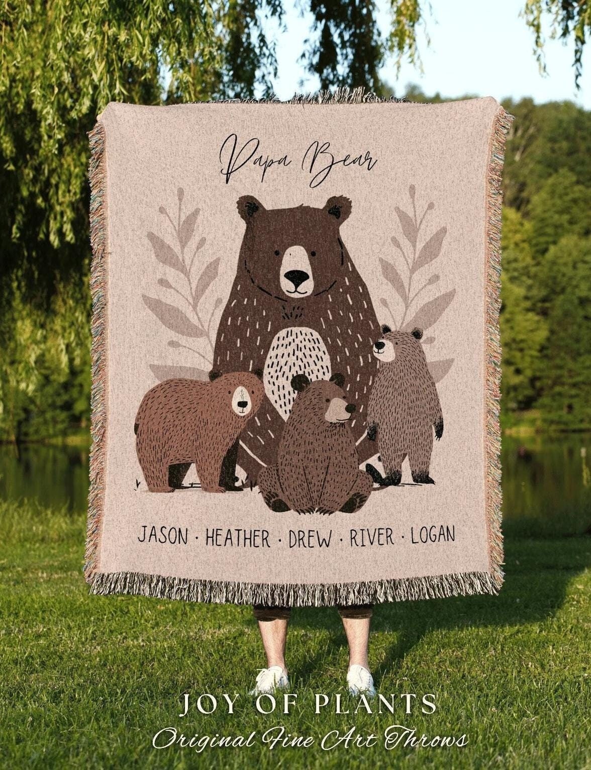 Family Bears Custom Throw Blanket | Personalized Gift for Mom with Grandchildren Names Meaningful Parent Tapestry Mama Bear and Cubs