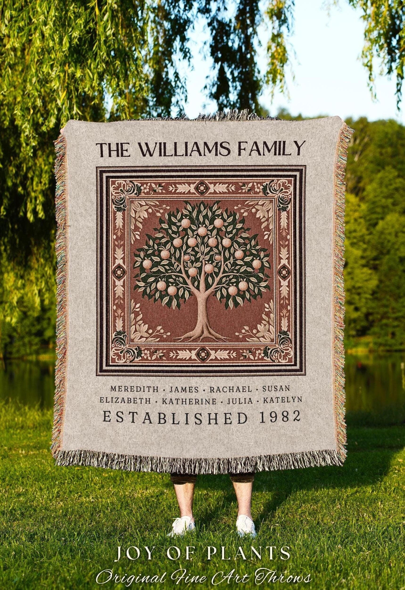 Vintage Orange Tree of Life Family Blanket Morris Inspired Ancestry Tapestry | Custom Names Throw Cozy Earthy Aesthetic Sentimental Keepsake