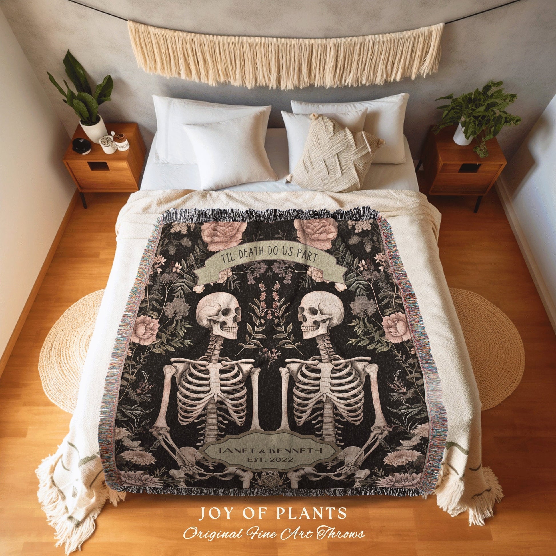 Til Death Do Us Part Botanical Skeleton Blanket | Sentimental Anniversary Gift Ideas Custom Blanket Gothic Gift for Her Personalized Couple