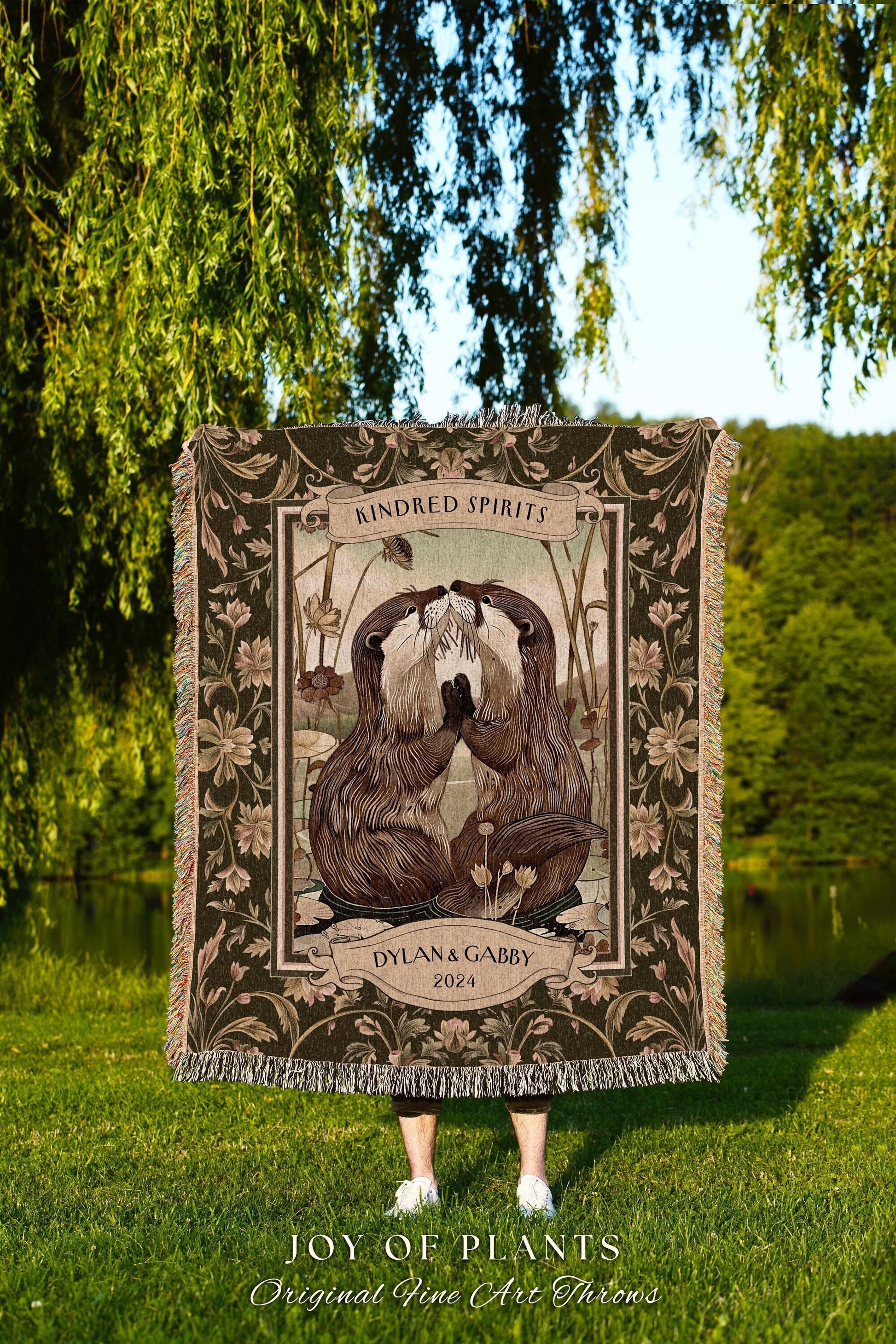 Otter Lovers Blanket Personalized Anniversary Gift Custom Name Tapestry Throw, Rustic Woodland Cottagecore Art Woven Wedding Gift For Couple