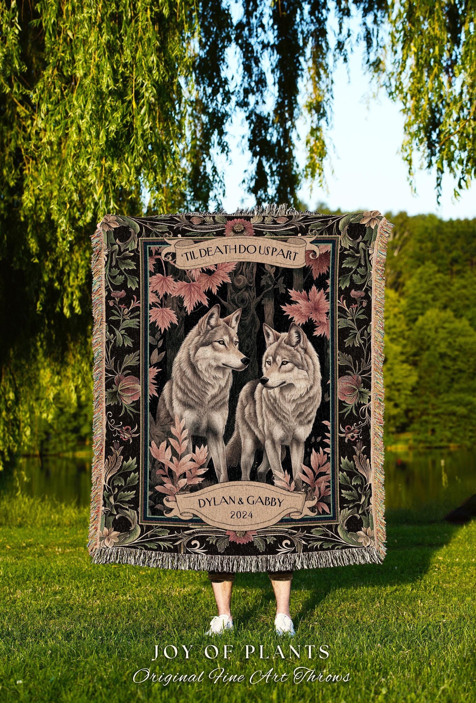 Cozy Wolf Couple Custom Throw Blanket| Dating Anniversary Gift His & Hers Wolf Tapestry Woodland Wedding Unique Couple Gift Idea Thoughtful