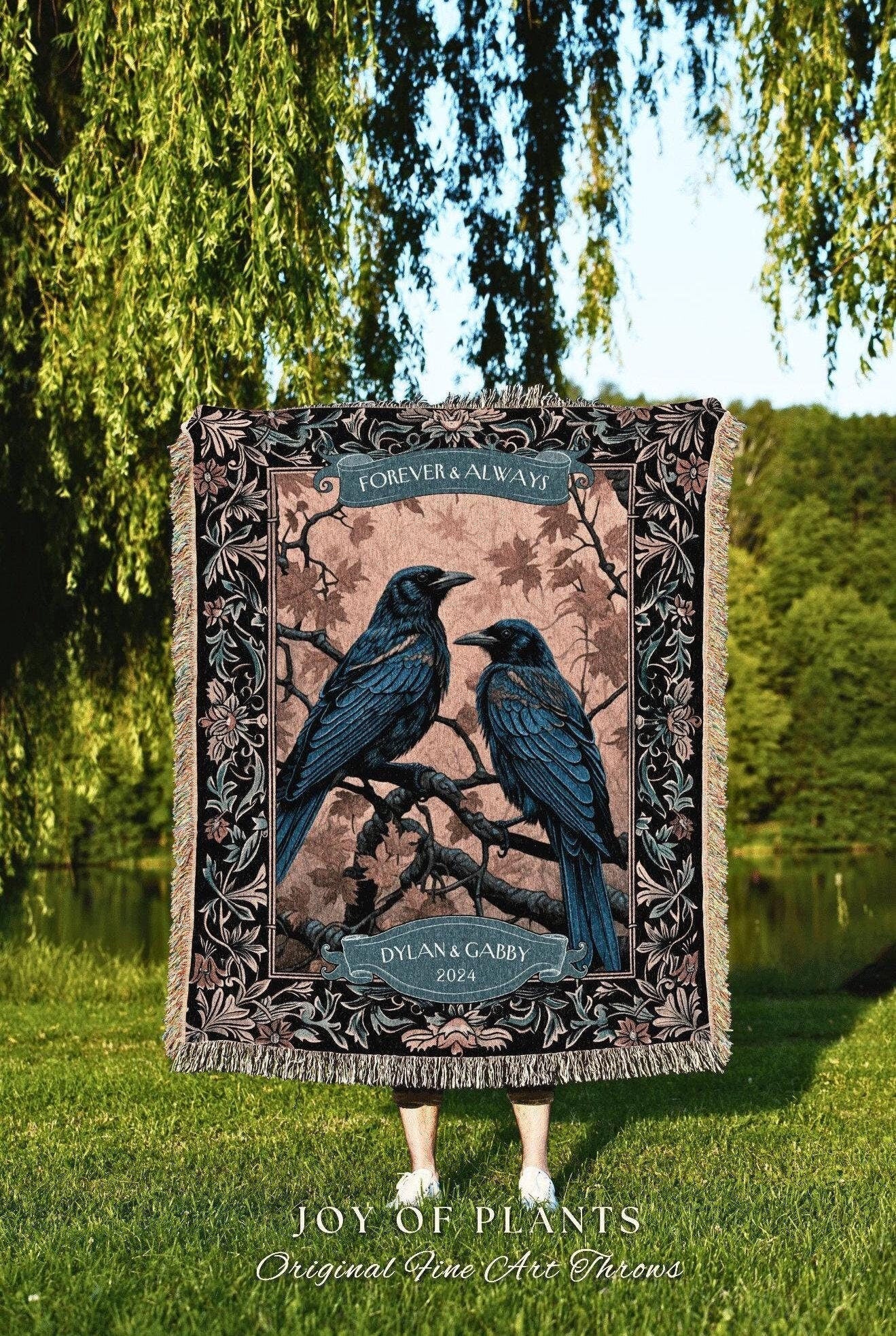 Wedding Keepsake Blanket Personalized Names | Woodland Aesthetic Woven Throw Custom Dating Anniversary 'Til Death do us Part' Crow Tapestry