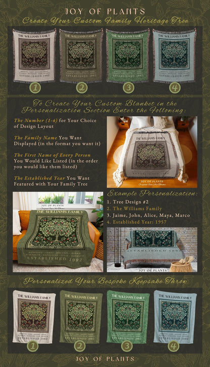 Victorian Heritage Family Tree Blanket Custom Names Woven Tapestry Throw | Emerald Green Decor Vintage Cottagecore Sentimental Keepsake Gift