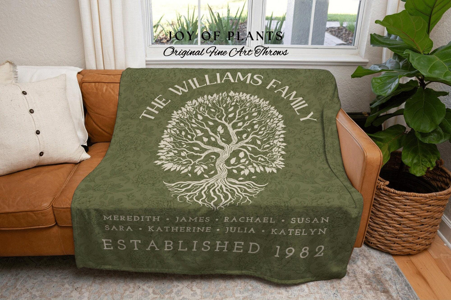 Vintage Green Family Tree Blanket | Family Tree Personalized Family Tapestry Meaningful Thoughtful Gift for Grandma Sentimental Family Gift