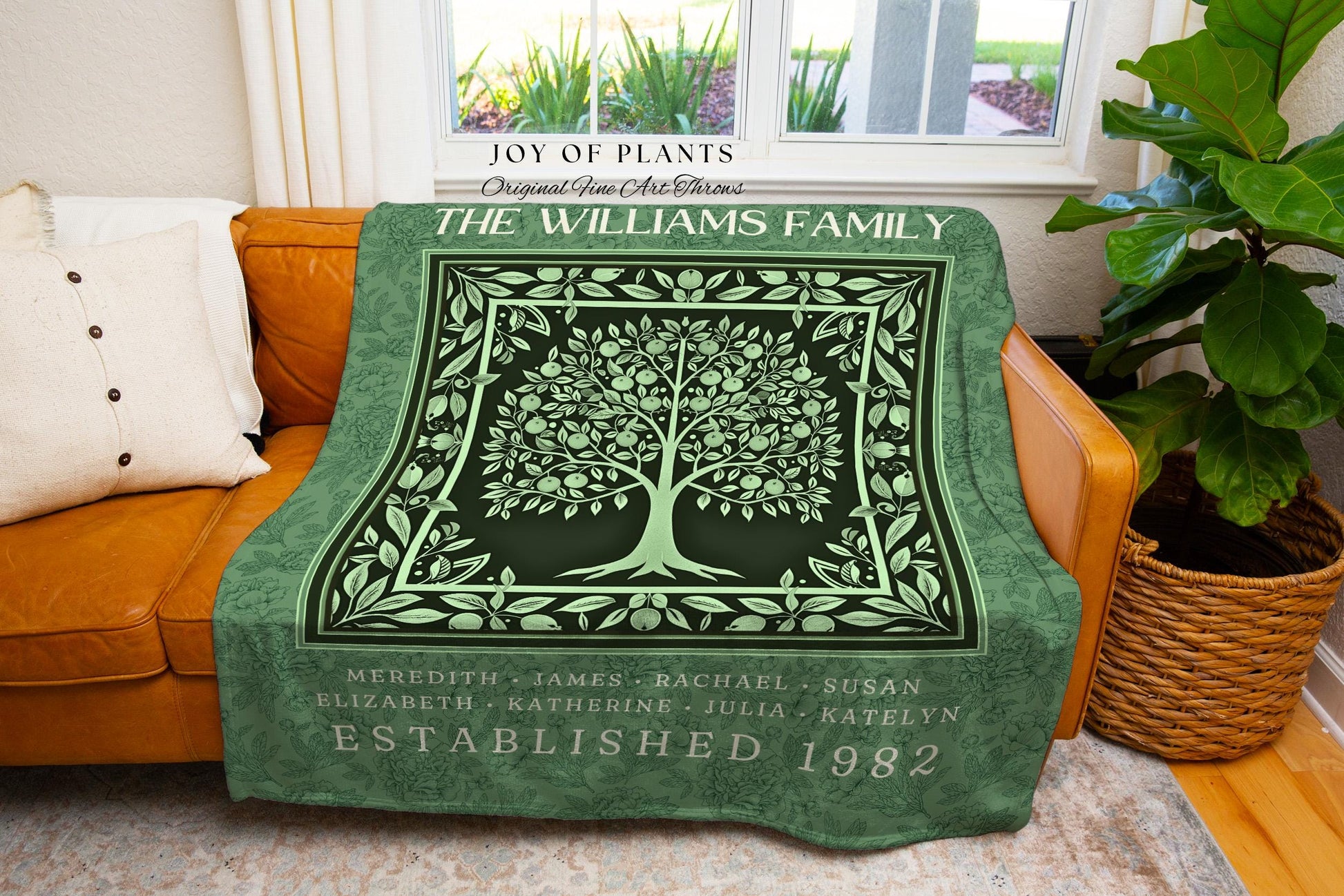 Charming Country Family Tree Blanket Emerald Green Personalized Ancestry Tapestry Throw | Cozy Cottagecore Boho Chic Keepsake Heirloom Gift