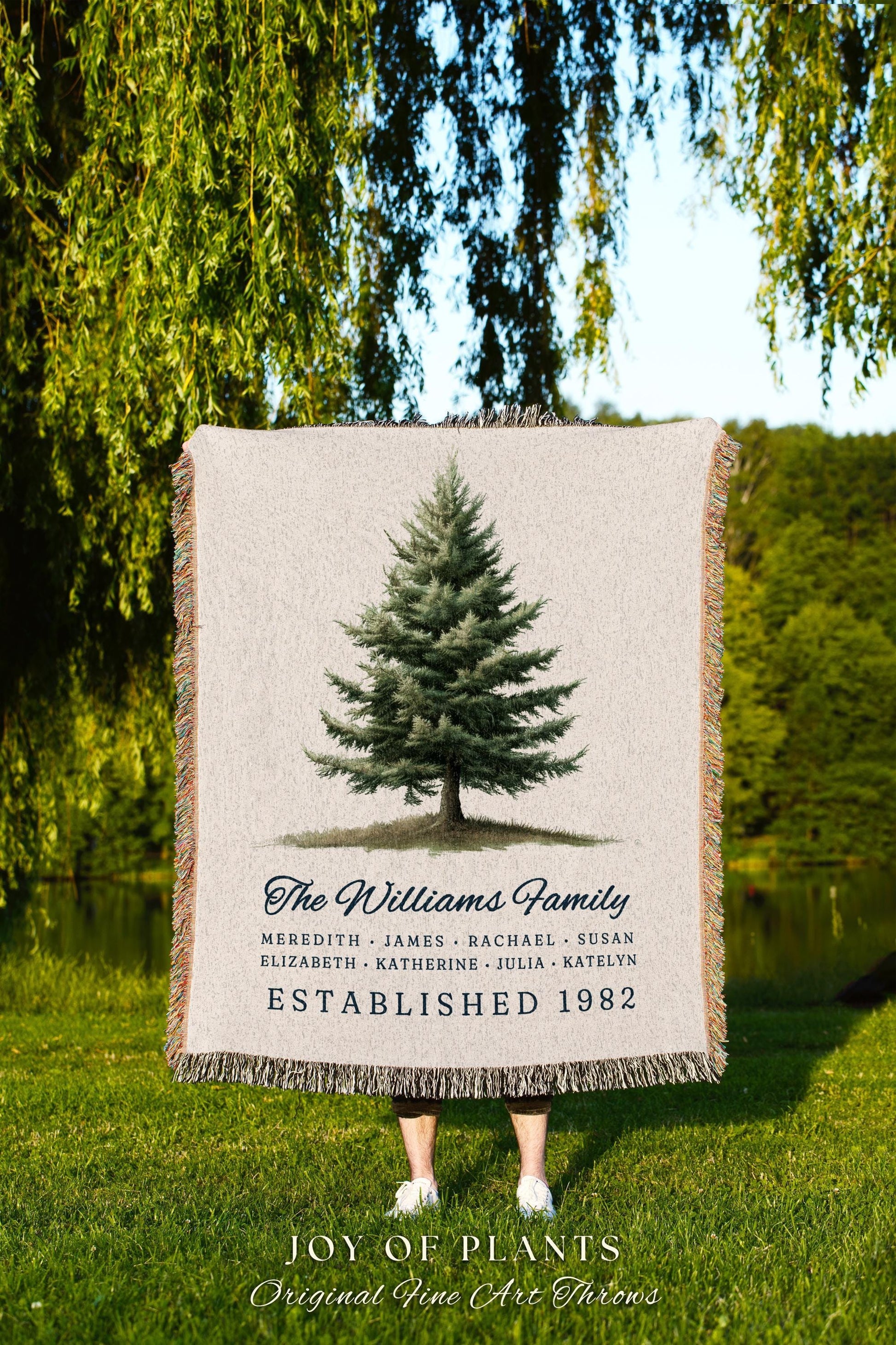 Classic Evergreen Family Tree Blanket Custom Name Woven Tapestry | Traditional Rustic Decor Personalized Family Heirloom Ancestry Keepsake