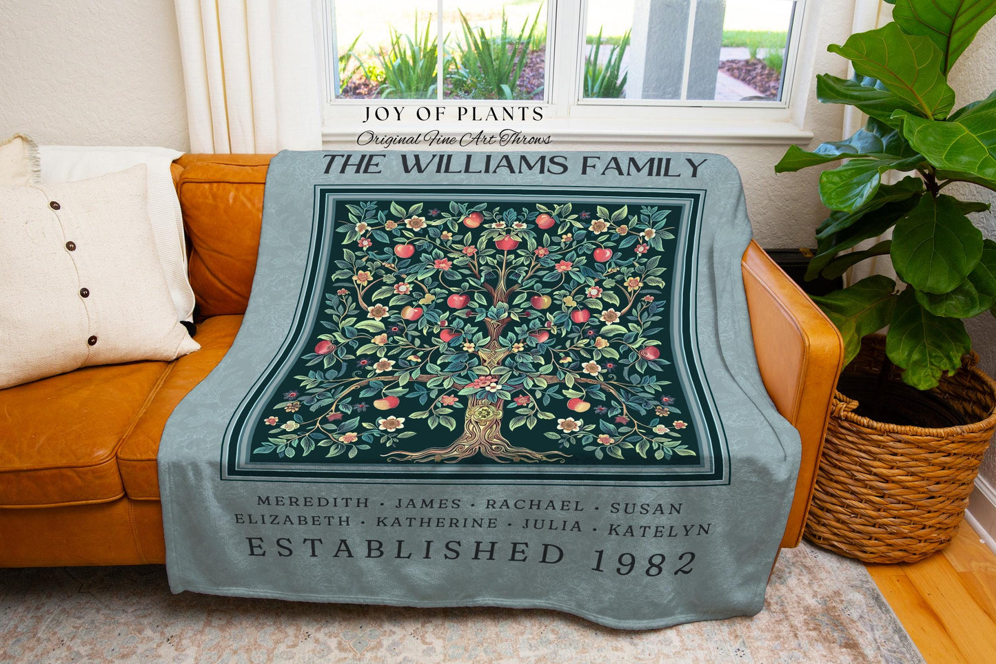 Custom Family Tree of Life Blanket Personalized Names Heritage Gift | Boho Dusty Blue Vintage Aesthetic Family Tree Kids Name Blanket Woven