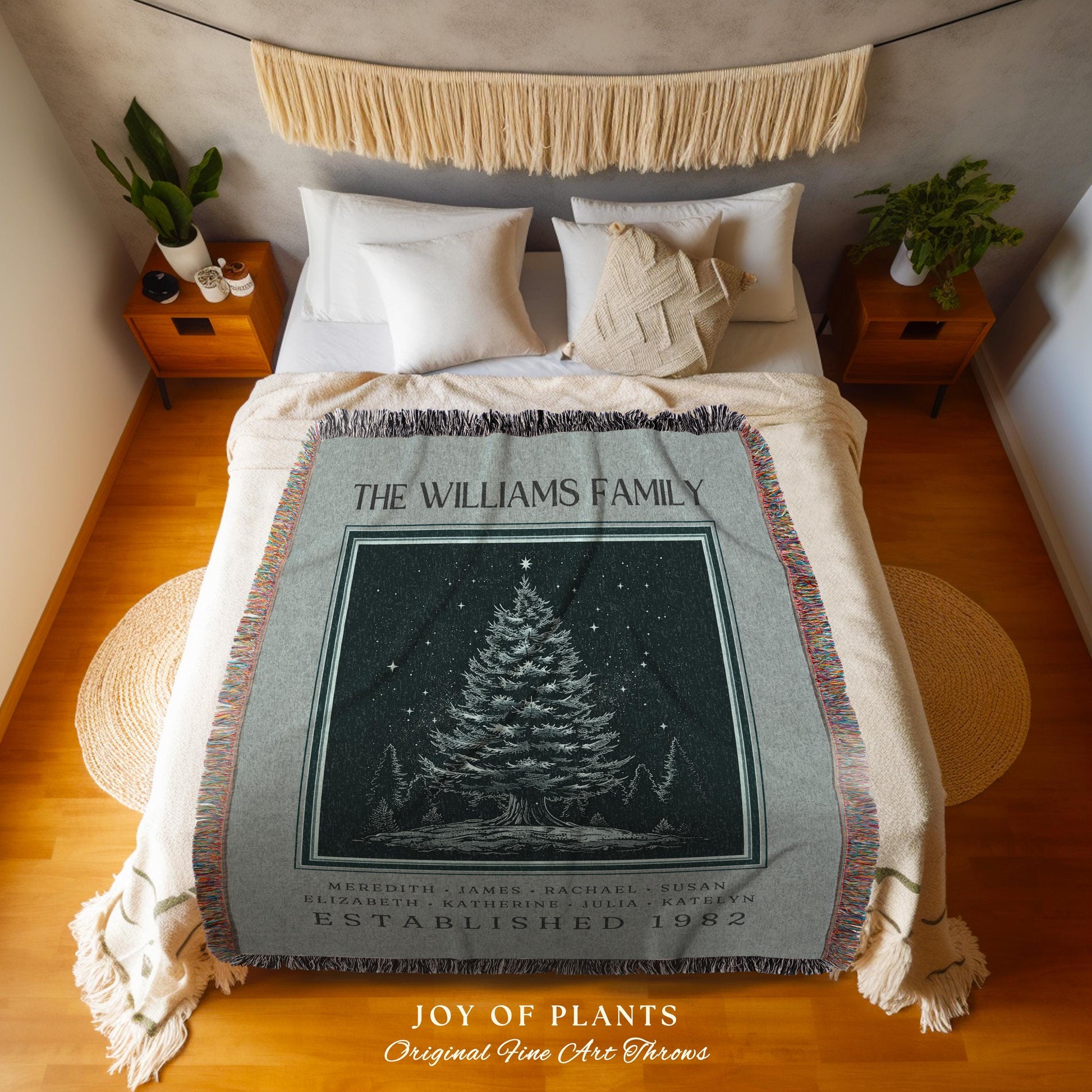 Vintage Blue Family Tree Blanket Personalized Christmas Heirloom Gift for Grandparent Cozy Holiday Decor Custom Family Name Heritage Blanket