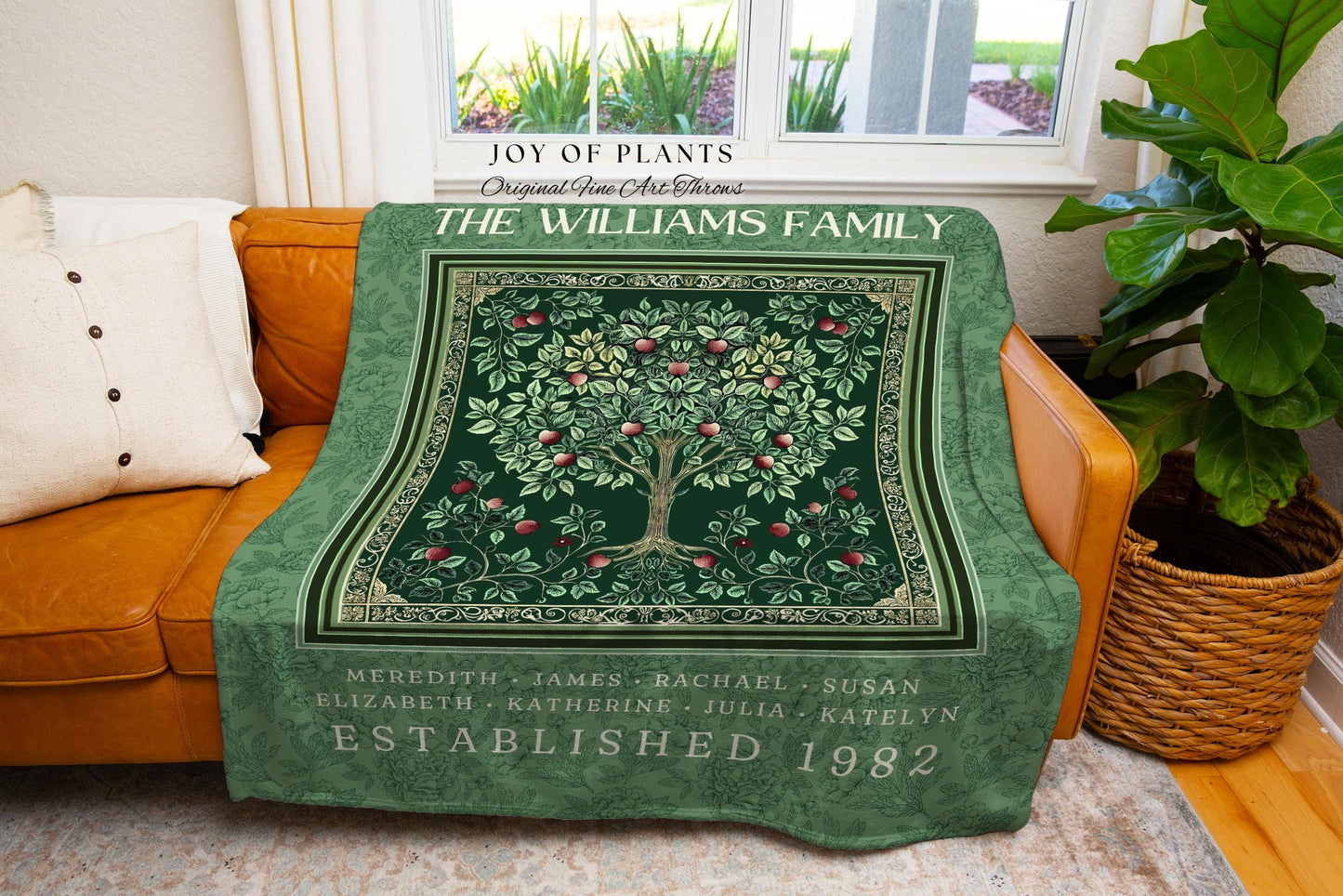 Victorian Heritage Family Tree Blanket Custom Names Woven Tapestry Throw | Emerald Green Decor Vintage Cottagecore Sentimental Keepsake Gift