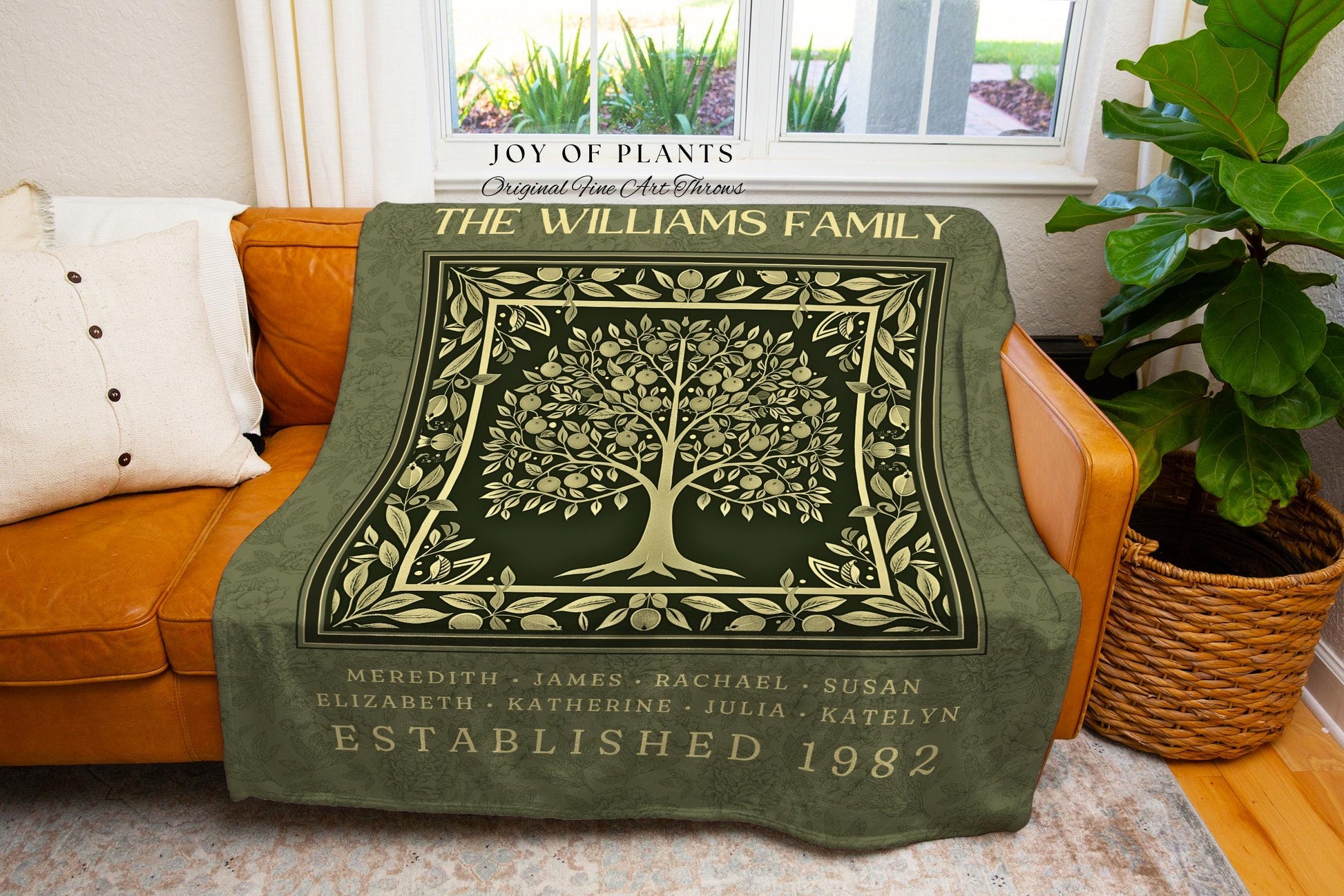 Elegant Olive Green Family Tree of Life Blanket Personalized Name Tapestry Throw | Custom Heritage Decor Cozy Cottagecore Ancestry Keepsake