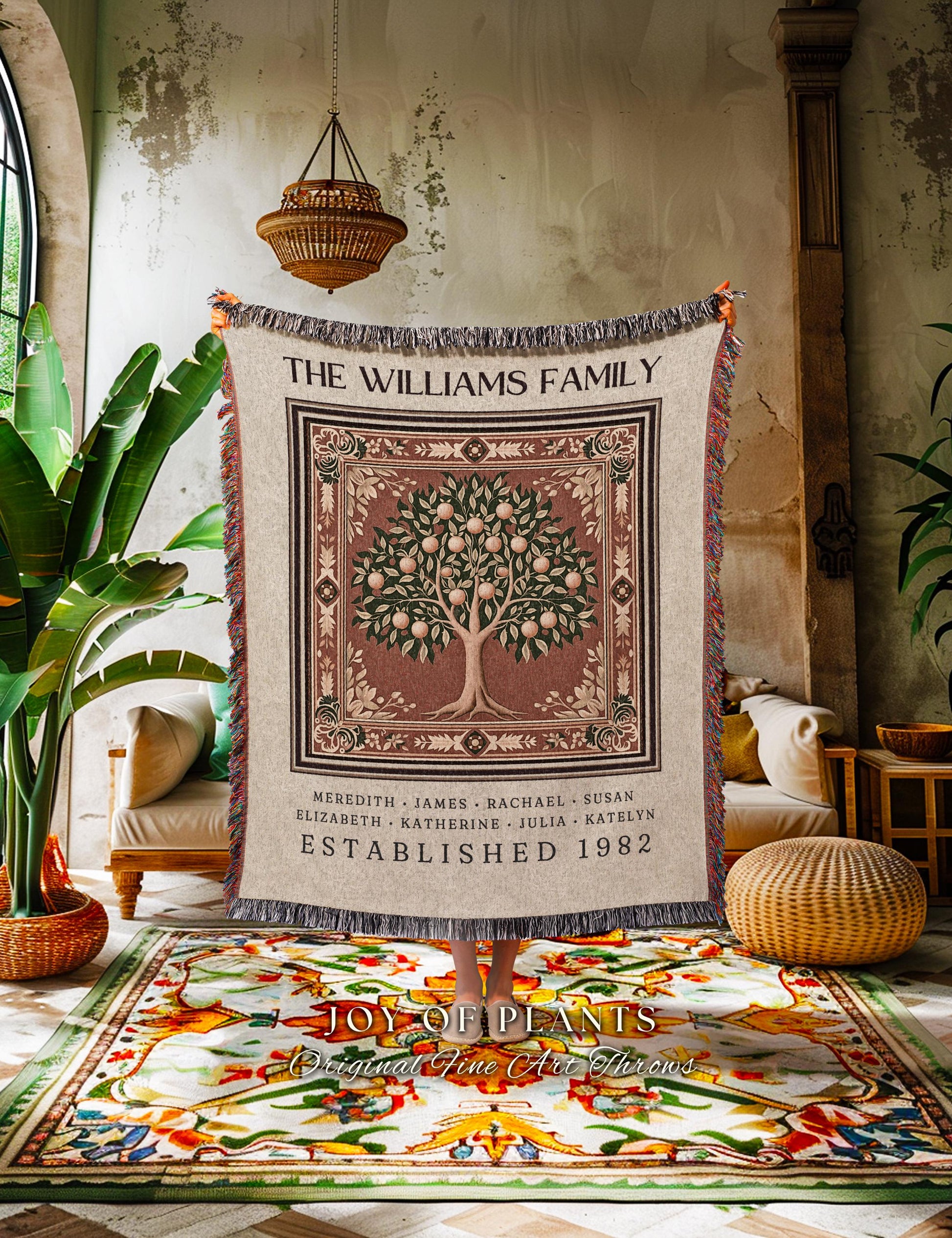 Vintage Orange Tree of Life Family Blanket Morris Inspired Ancestry Tapestry | Custom Names Throw Cozy Earthy Aesthetic Sentimental Keepsake