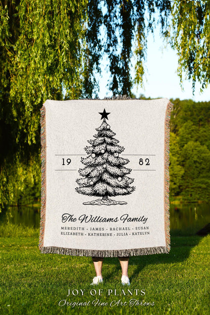 Farmhouse Christmas Family Tree Blanket Personalized Name Tapestry | Custom Heritage Throw Cozy Holiday Cottagecore Decor Rustic Home Gift