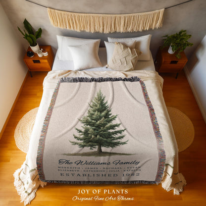 Classic Evergreen Family Tree Blanket Custom Name Woven Tapestry | Traditional Rustic Decor Personalized Family Heirloom Ancestry Keepsake