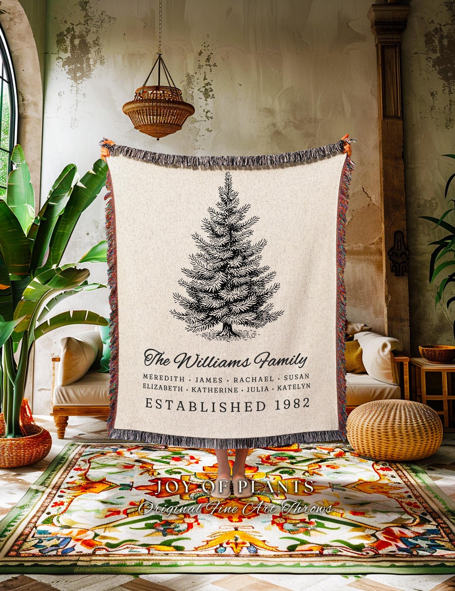 Rustic Holiday Family Tree Blanket Custom Names Heritage Tapestry Throw | Victorian Style Personalized Cozy Farmhouse Christmas Decor Gift