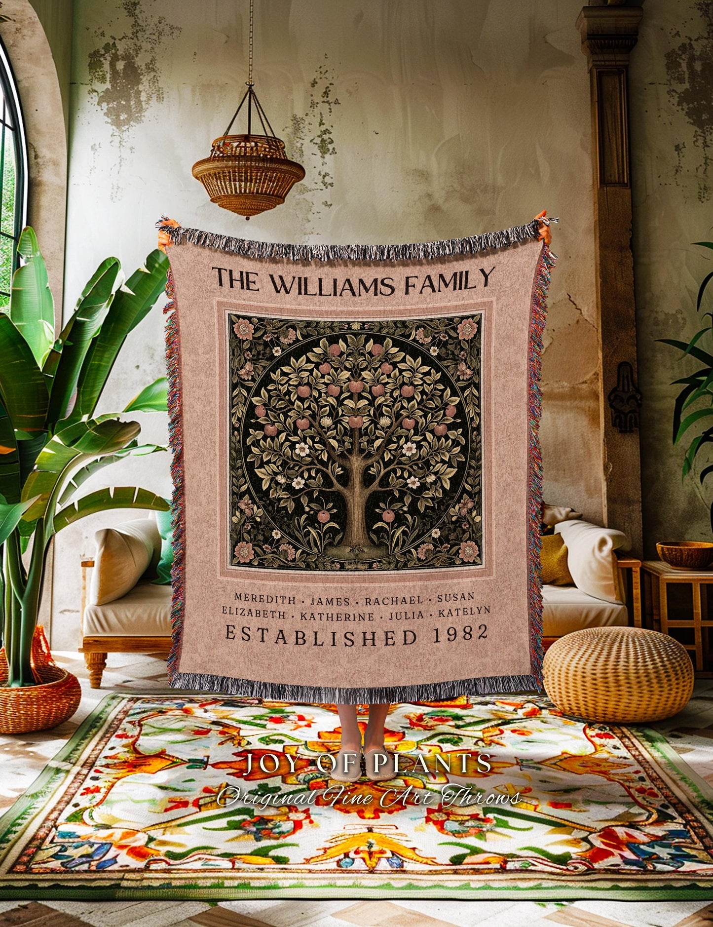 Custom Family Tree Blanket Boho Soft Cottagecore Pastel Terracotta Cozy Couch Throw | Personalized Name Gift Meaningful Heritage Tapestry