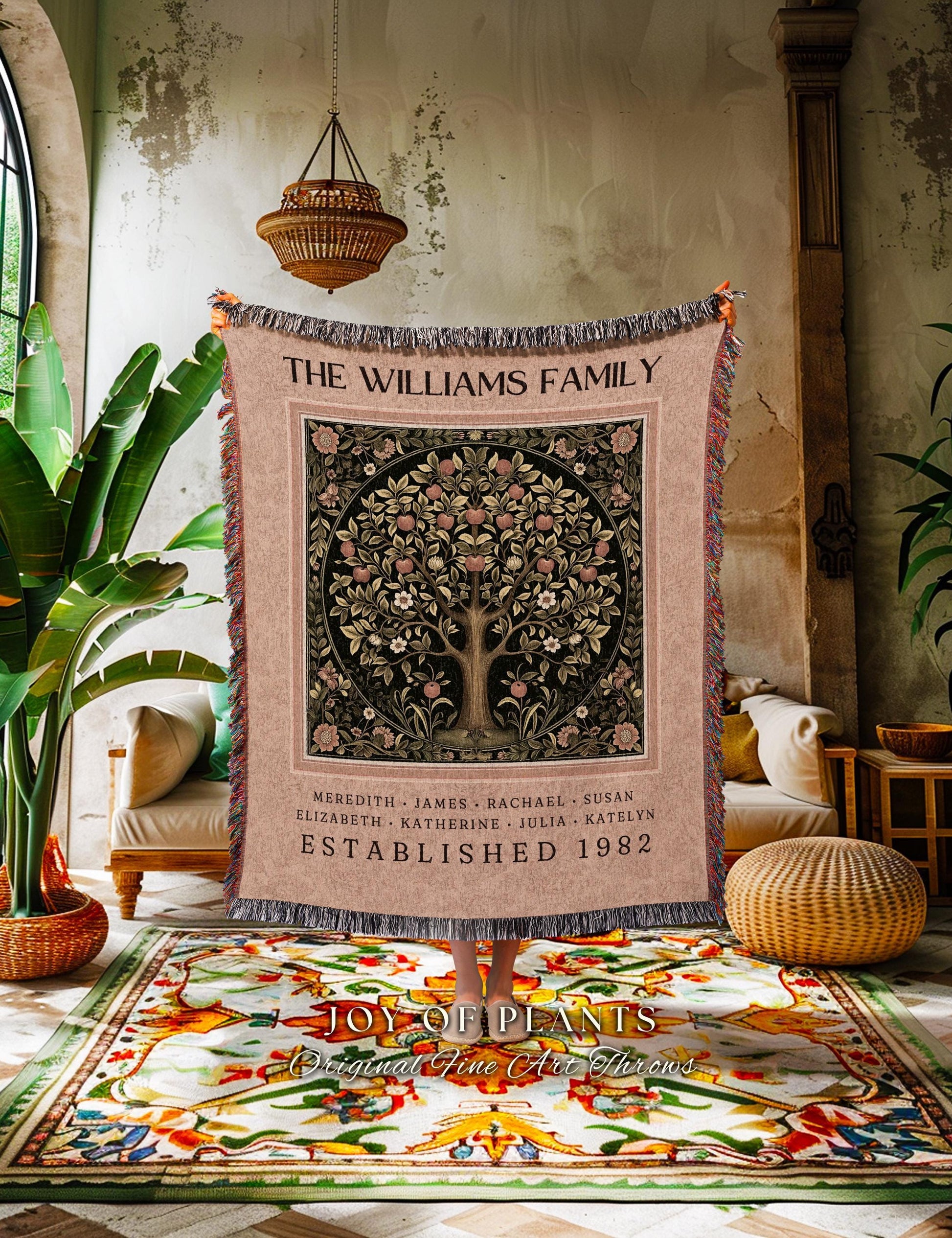 Custom Family Tree Blanket Boho Soft Cottagecore Pastel Terracotta Cozy Couch Throw | Personalized Name Gift Meaningful Heritage Tapestry