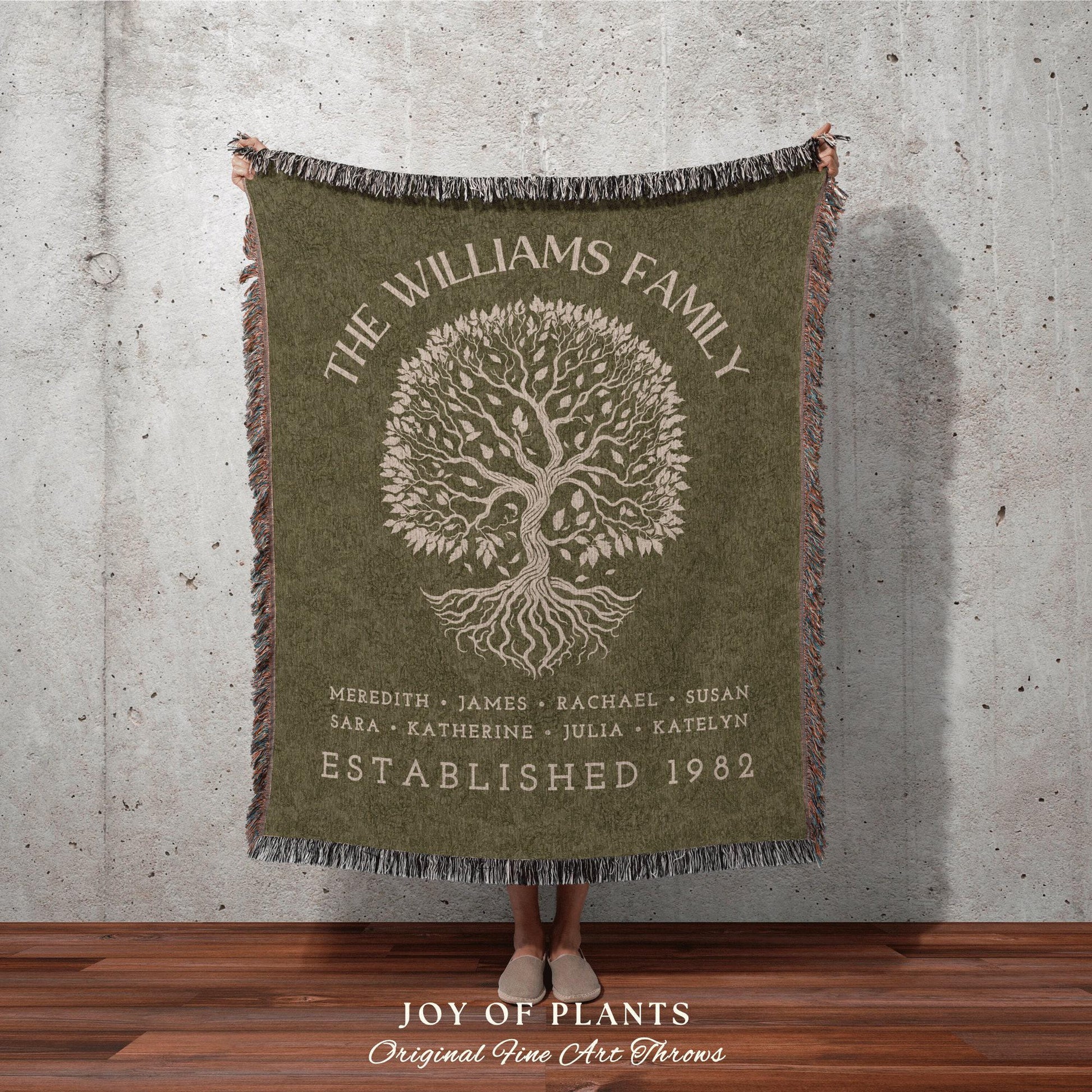 Vintage Green Family Tree Blanket | Family Tree Personalized Family Tapestry Meaningful Thoughtful Gift for Grandma Sentimental Family Gift