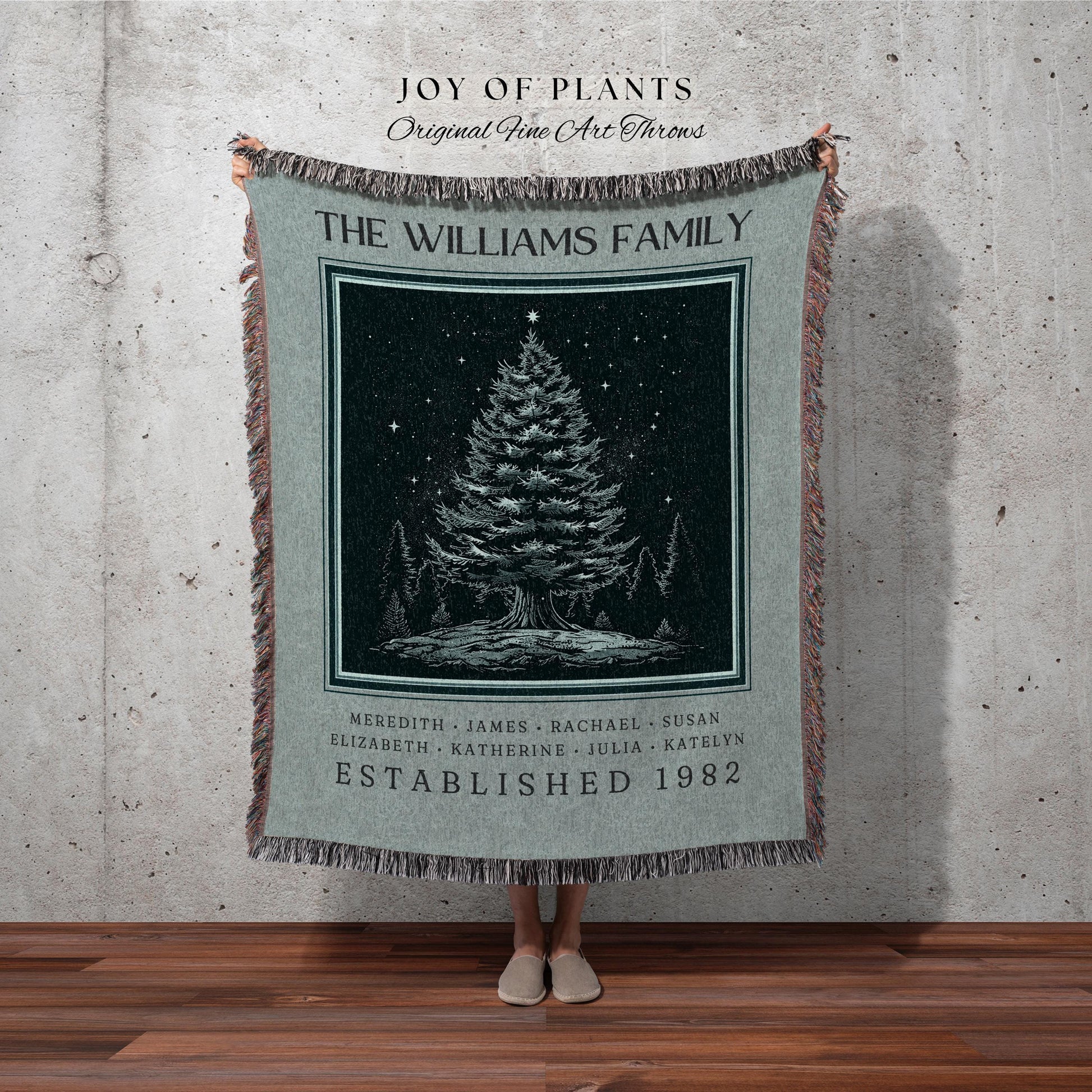 Vintage Blue Family Tree Blanket Personalized Christmas Heirloom Gift for Grandparent Cozy Holiday Decor Custom Family Name Heritage Blanket