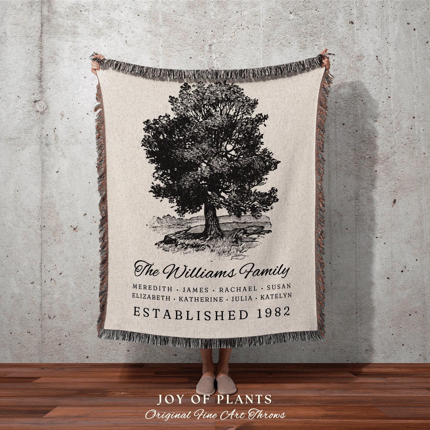 Vintage Family Tree Blanket | Woven Tapestry Personalized Family Gift Meaningful | Thoughtful Gift for Grandma Sentimental Gift for Family |