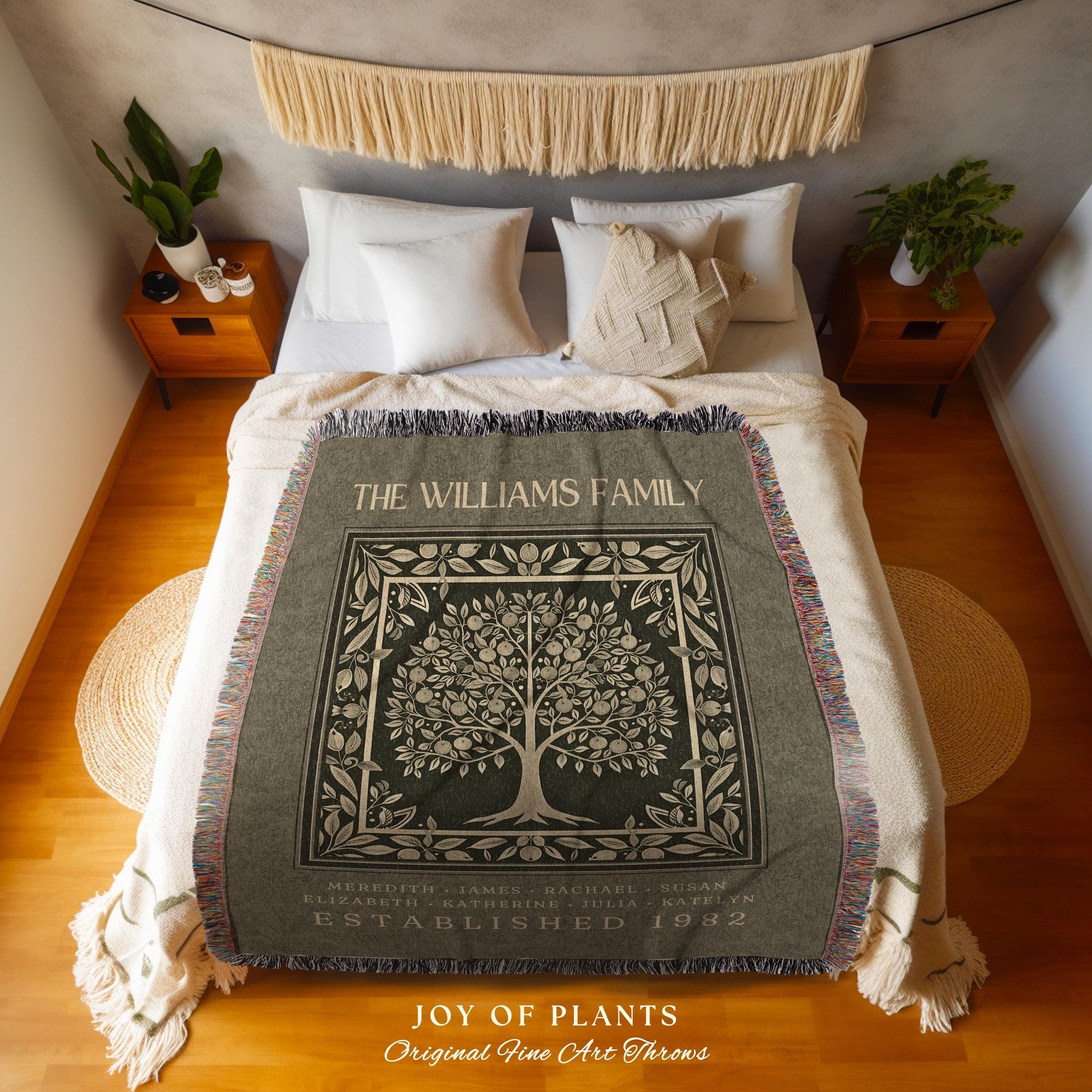 Elegant Olive Green Family Tree of Life Blanket Personalized Name Tapestry Throw | Custom Heritage Decor Cozy Cottagecore Ancestry Keepsake