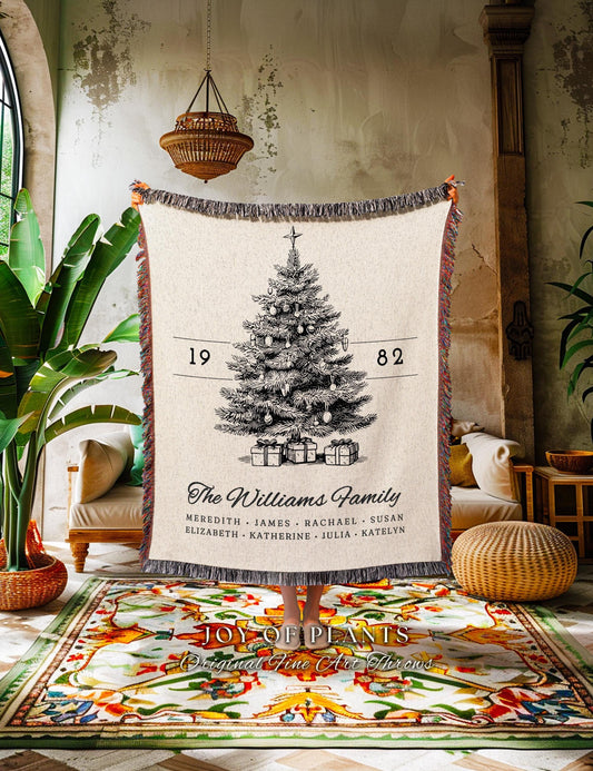 Vintage Christmas Tree Blanket Custom Family Names Woven Tapestry Throw | Personalized Ancestry Heirloom Cozy Country Cottage Holiday Decor