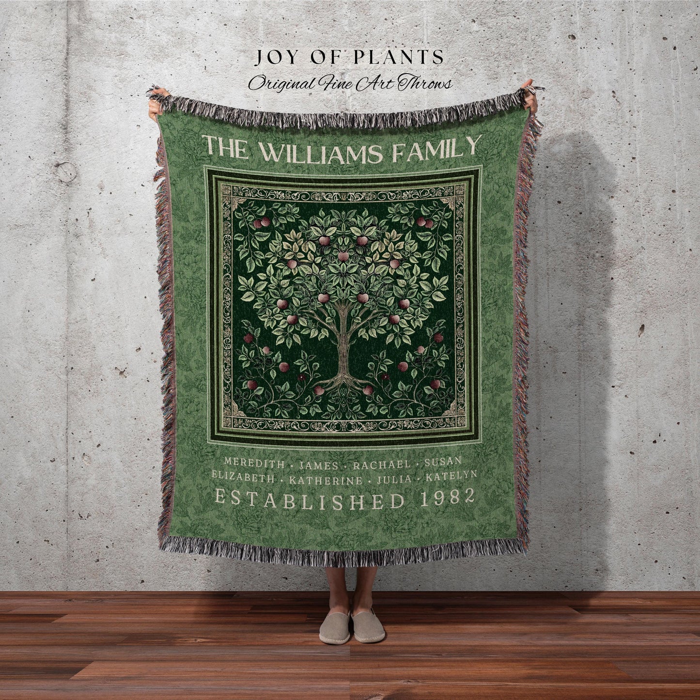 Victorian Heritage Family Tree Blanket Custom Names Woven Tapestry Throw | Emerald Green Decor Vintage Cottagecore Sentimental Keepsake Gift