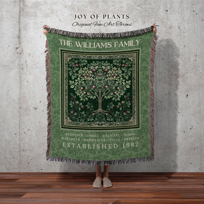 Victorian Heritage Family Tree Blanket Custom Names Woven Tapestry Throw | Emerald Green Decor Vintage Cottagecore Sentimental Keepsake Gift