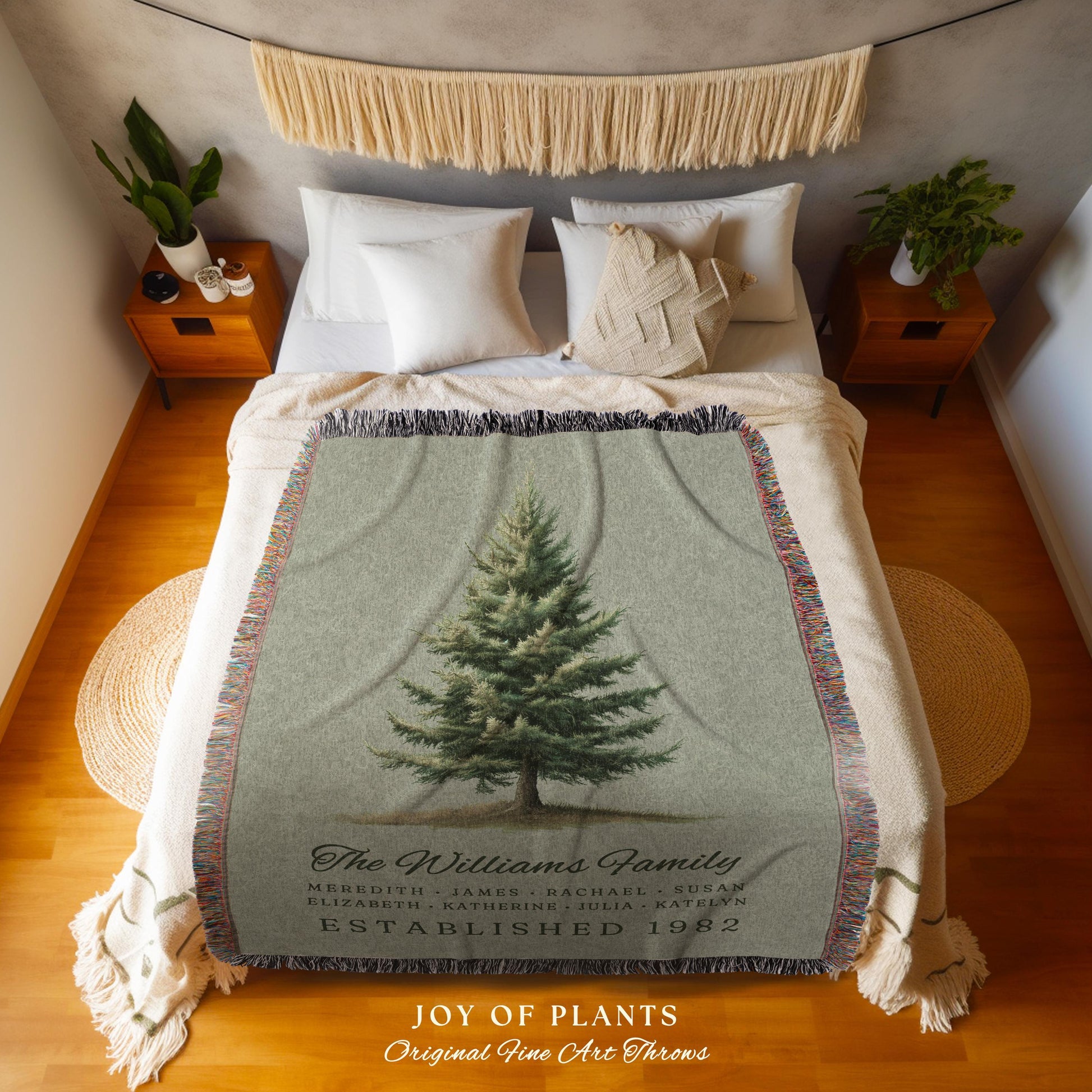 Cottage Christmas Tree Tapestry Throw Custom Names Personalized Heirloom Blanket | Rustic Sage Green Holiday Decor Ancestry Keepsake Gift