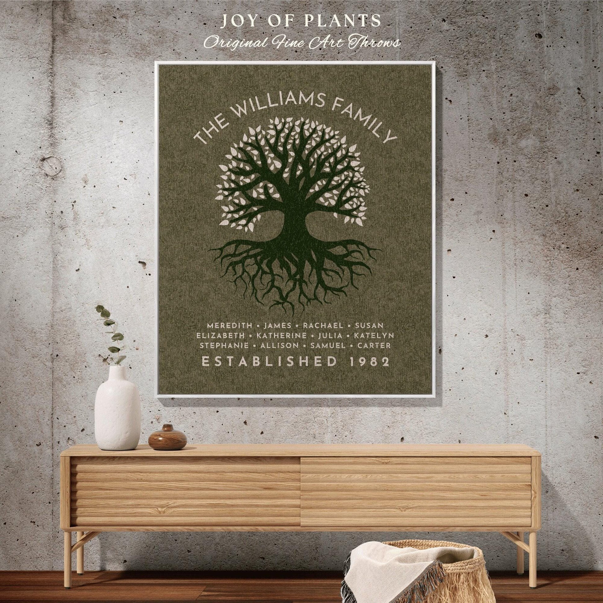 Sage Green Family Tree Tapestry Woven Blanket Custom Family Gift Meaningful | Thoughtful Gift for Grandmom Sentimental Gift for Family Tree