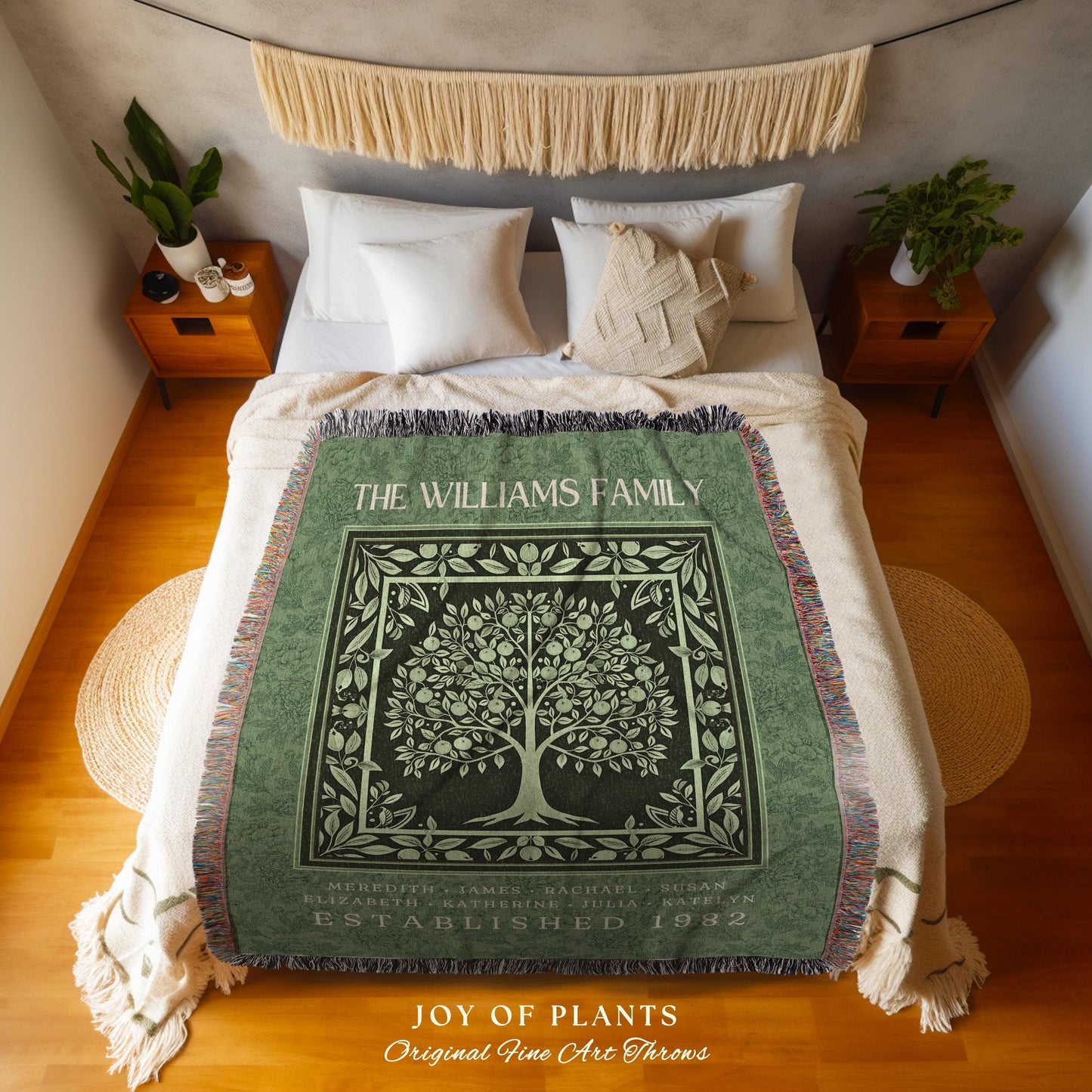 Charming Country Family Tree Blanket Emerald Green Personalized Ancestry Tapestry Throw | Cozy Cottagecore Boho Chic Keepsake Heirloom Gift