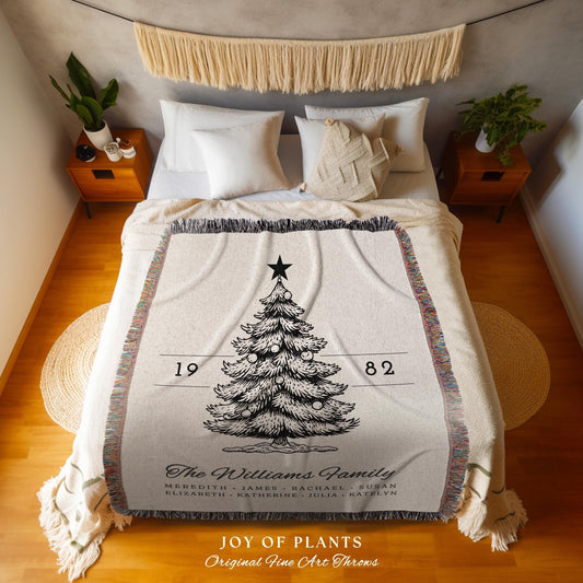 Farmhouse Christmas Family Tree Blanket Personalized Name Tapestry | Custom Heritage Throw Cozy Holiday Cottagecore Decor Rustic Home Gift