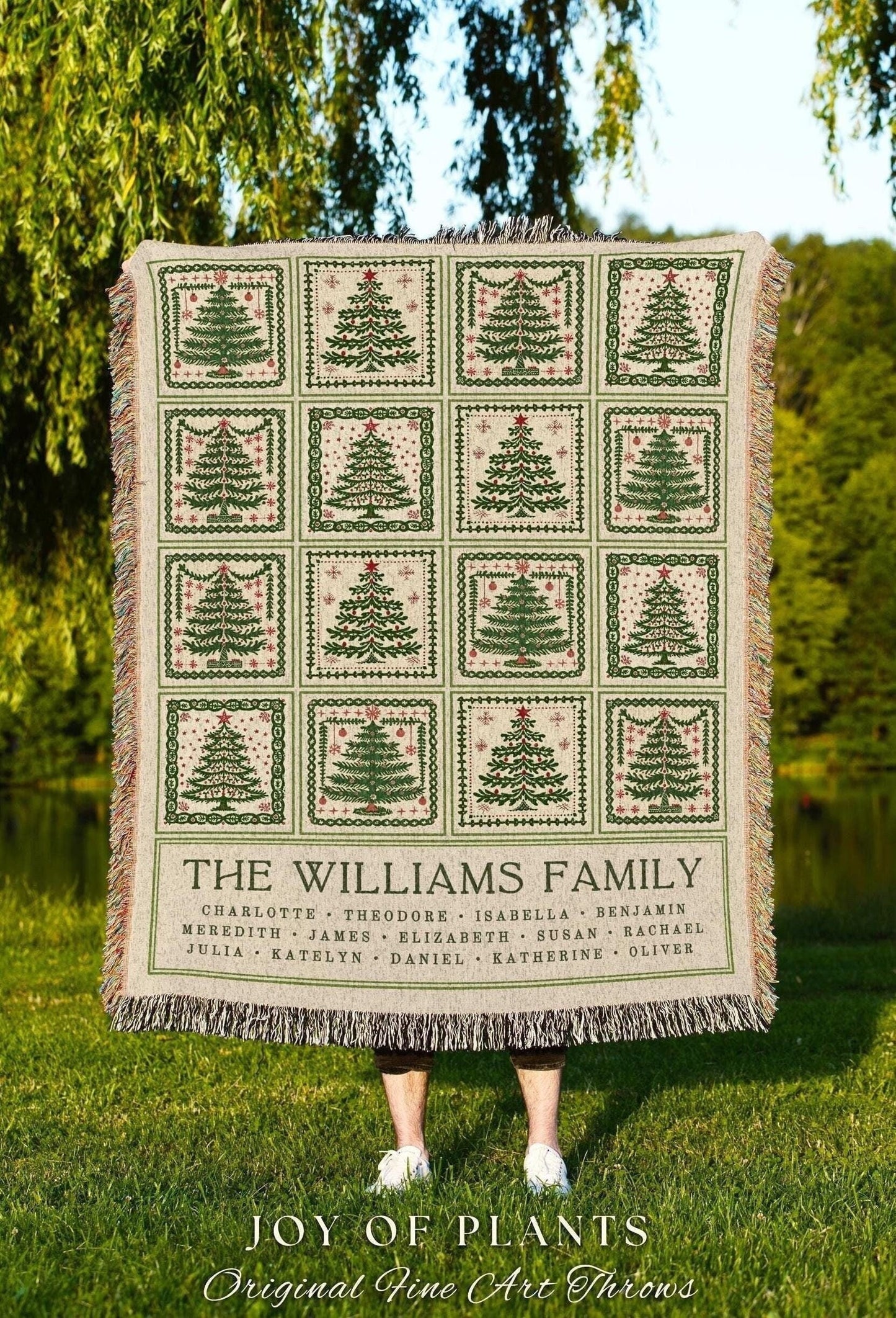 Family Tree Blanket Festive Patchwork Folk Art Pine Tree Tapestry Throw, Personalized Sentimental Christmas Gift for Grandparents with Names