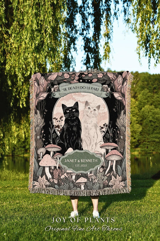 Cottagecore Cat Couple Blanket Personalized | Gothic Aesthetic Woven Throw Personalized Name Dating Anniversary Gift Dark Academia Tapestry