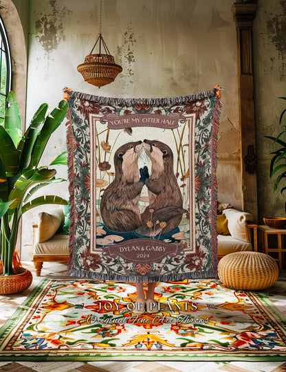 Boho Otter Couple Personalized Throw Blanket | Ethereal Dating Anniversary Custom Established Date Blanket 'Significant Otters' Gift Cute |