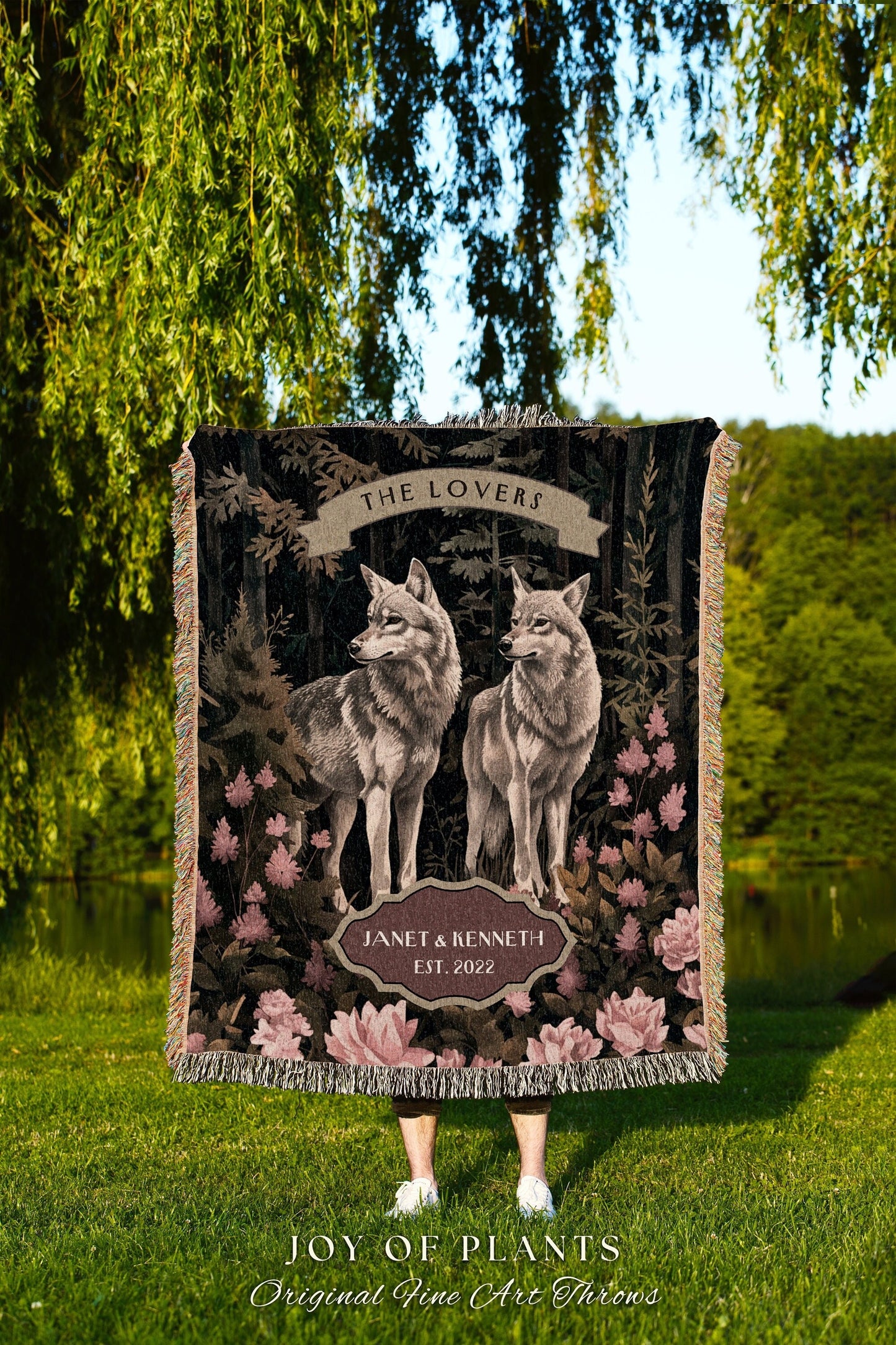 His & Hers Wolf Couple Woodland Blanket | Cottagecore Wedding Anniversary Gift Mr and Mrs Tapestry Unique Couple Gift for Boyfriend Woven |